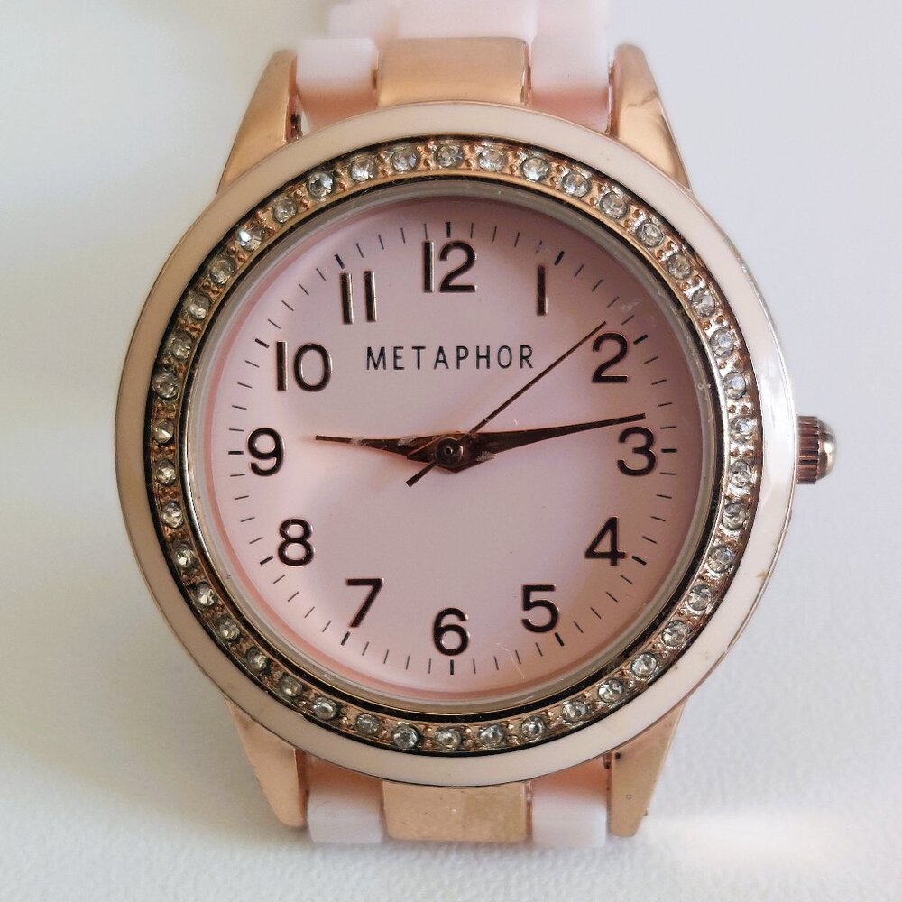 Metaphor Ladies Gemmed Quartz Watch 26mm Round Gold Tone Clasp Link Band